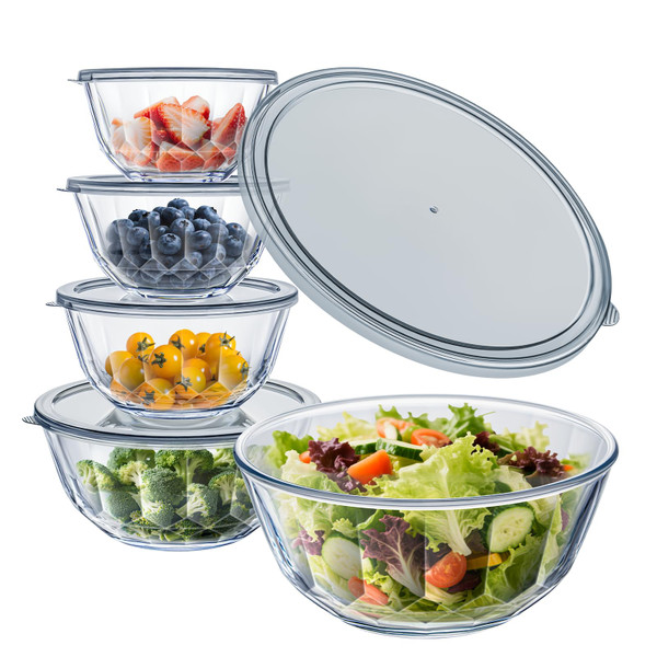 WhiteRhino Glass Mixing Bowls with Lids Set of 5（4.70QT,2.85QT, 1.69QT,1.11QT,0.85QT,Glass Bowls with Lids,Large Salad Bowls Space-Saving Nesting for Cooking,Baking,Prepping,Dishwasher Safe