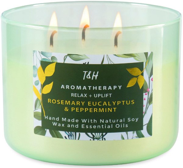 Rosemary Eucalyptus Peppermint Candle | Highly Scented Large 3 Wick Soy Candle 15.8 oz | Uplifting Eucalyptus Mint Scented Candles for Home | Aromatherapy Stress Relief Spa Candles for Men & Women