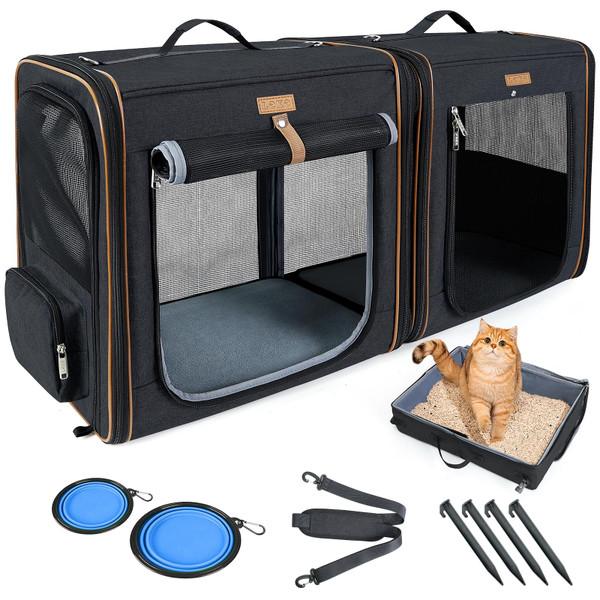 Lekereise 2-in-1 Cat Travel Carrier with Litter Box, (17.7" x2) x16.5"x13" Large Cat Carrier with Zipper Locks for Moving Across The Country (No Hammock) - Black