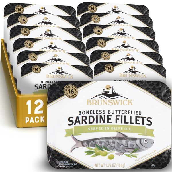 Brunswick Sardines in Olive Oil, 3.75 oz Can (Pack of 12) - Boneless Butterflied Sardine Fillets - Wild Caught - 16g Protein per Serving - Gluten Free, Keto Friendly