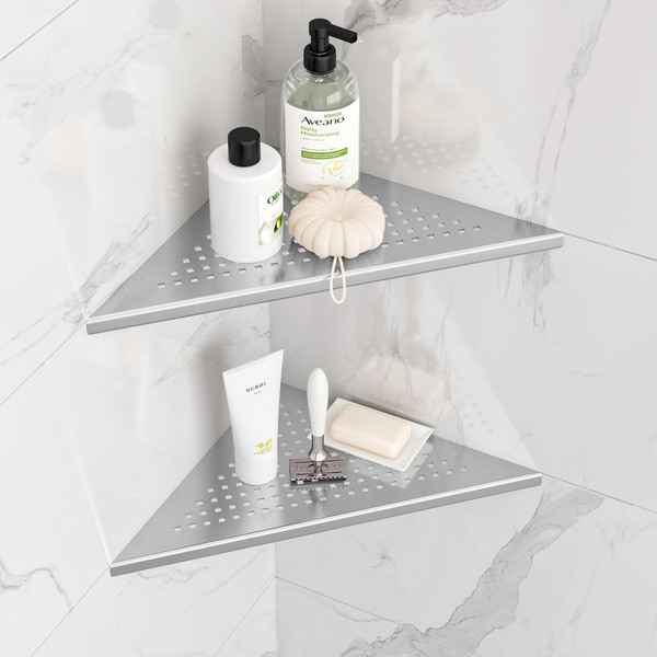 Neodrain 10 Inch Brushed Shower Shelves Corner Shelf for Tile Wall,304 Stainless Steel Corner Shower Shelves for Bathroom, Floating Corner Shelves for Shower Wall, No Drilling(Set of 2