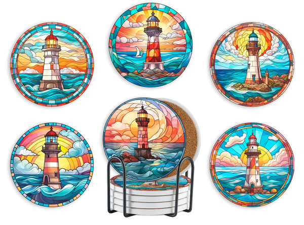 Lighthouse Gifts Coaster, Ceramic, Set of 6, with Gift Box, Absorbent with Cork Base, Home Decor for Family, Housewarming, Thanksgiving, Birthday and Christmas - Lighthouse