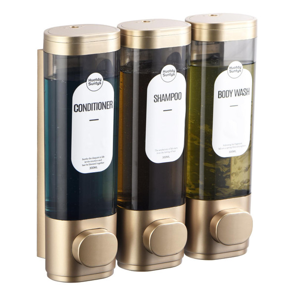 Shampoo and Conditioner Dispenser, Refillabe Shower Soap Dispensers 3 Chamber No Drill Shampoo Dispenser for Shower Wall Mounted 3 * 300ml Container for Bathroom Hotel (Bronze Gold 3 Chamber)
