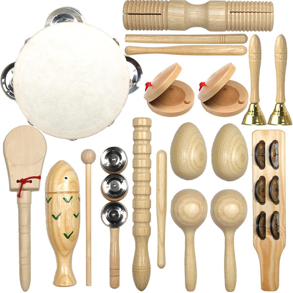 Musical Instruments Set, 15PCS Natural Wooden Percussion Tambourine Maracas Bells Instruments, Educational Music Kit with Storage Bag Birthday