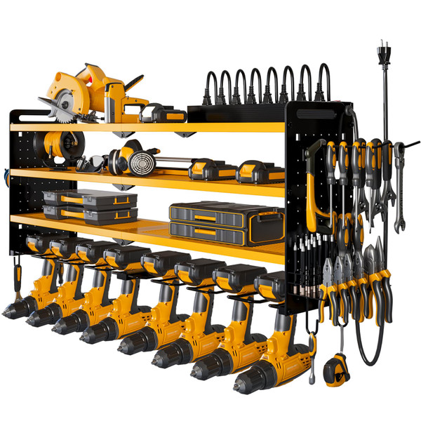 NattyDot Power Tool Organizer Wall Mount with Charging Station, 8 Drill Holder, 4 Layer Storage Rack for Garage Organization, Tool Holder with 8 Outlet Power Strip (Yellow)