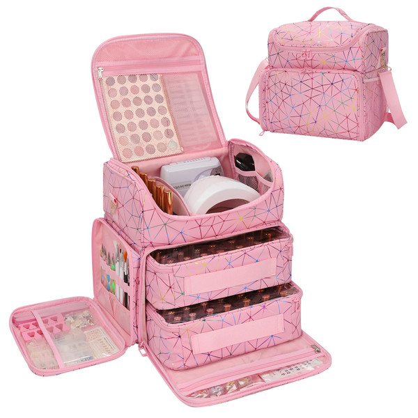 CUBETASTIC Extra Large Nail Polish Organizer Case Holds 86 to 100+ Bottles Nail Polish & Nail Lamp, Nail Supplies Storage Carrying Bag with 2 Removable Pouches (Triangle Pink, 86 Slots)