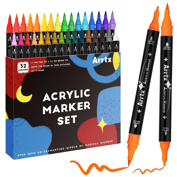 Arrtx Acrylic Pens Paint Markers 32 Colors, Dual Tip Acrylic Paint Markers with Brush Tip and Fine Tip, Art Supplies for Rock Painting, Wood, Ceramic, Fabric, Glass, DIY Crafts