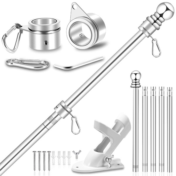 6 FT Metal Flag Pole Kit for Outside House w/ 2-Position Holder Bracket & 360° Rotating Flagpole Rings, 1" Stainless Steel Spinning Outdoor Porch Wall Mounted Flag Poles for 3x5 4x6 Flag(6 FT, Silver)