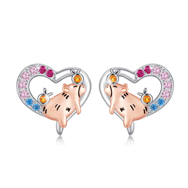 Capybara Earrings Capybara stud Earrings 925 Sterling Silver Heart-shape Stud Earrings with Cubic zirconia Hypoallergenic cute Animal Jewelry Christmas Birthday Gifts for Women