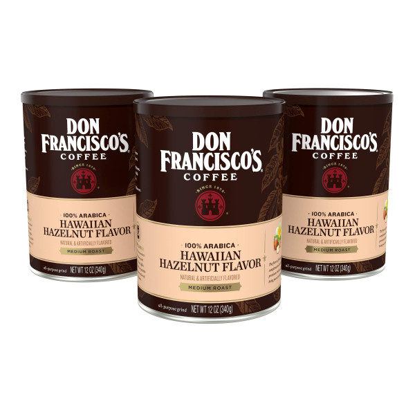 Don Francisco's Hawaiian Hazelnut Ground Flavored Coffee: Rich, Aromatic 100% Arabica Beans - (3 x 12 oz Recyclable Cans)
