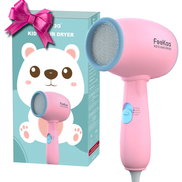 FeeKaa Kids Hair Dryer, Pink, 500 Watt, Lightweight, Gentle Heat, Safe for Kids, Anti-Scald Design