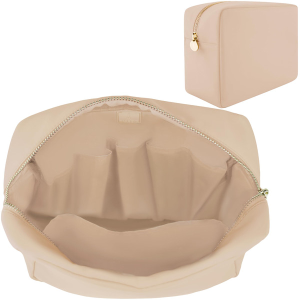 DANCOUR Makeup Bag with Compartments, Large Makeup Organizer, Travel Cosmetic Bag, Makeup Case, Cosmetic Bag for Women, Travel Pouch, Beige Makeup Bag with Dividers