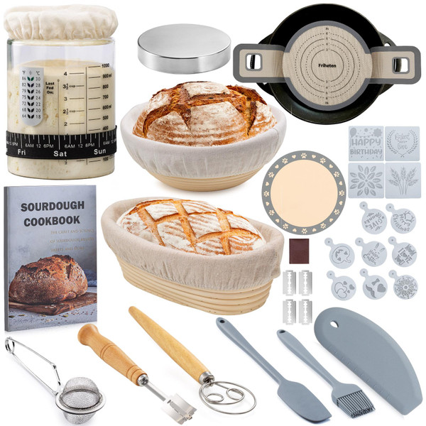 Friheten Sourdough Starter Kit,Sourdough Bread Baking Supplies,40oz Sourdough Starter Jar,Banneton Bread Proofing Basket Set with 9" Round & 10" Oval,Sourdough Bread Baking Tools