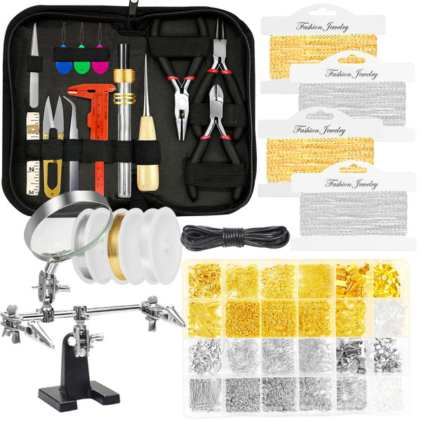 MONVICT Jewelry Making Supplies Kit with Jewelry Making Tools, Findings, Necklace Chain, Jewelry Wires, Adjustable Magnifier, Carry Bag, Meet All The Needs of Jewelry Making, Repair, Beading