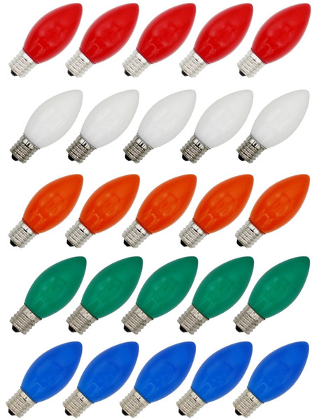 Creative Hobbies 25 Pack C9 Multicolor Christmas Light Bulbs - 7W Steady Burning Incandescent, Ceramic Multicolor, Nickel Plated E17 Base, Extended Life