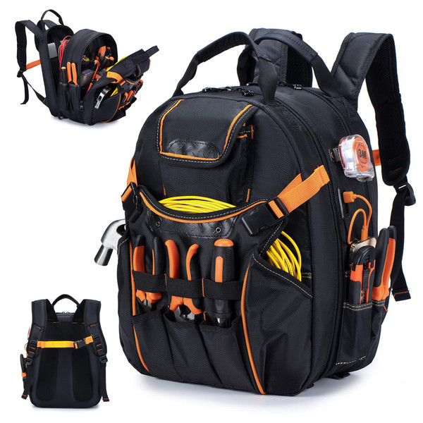 BAGZY 52 Pockets Tool Bag Backpack for Men Tool Backpack Heavy Duty Storage Organization Tool Bags Heavy Duty with Waterproof Molded Base for Electrician Repairman Industrial & Construction Work Black
