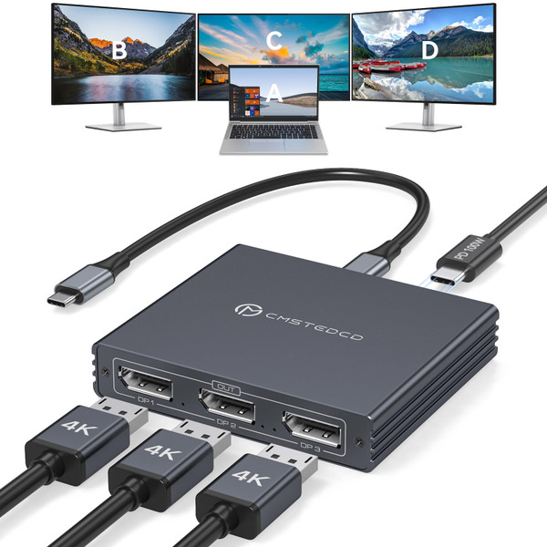 USB C to Display Port Splitter 3 Monitors with 100W PD Port 4K60HZ/4K120Hz(2DP Ports) USBC to DisplayPort Splitter 1 in 3 Out MST HUB Supports Extended(Windows) and Mirrored Displays