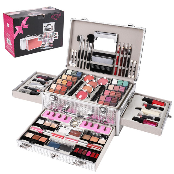Hegafoo All in One Makeup Kit for Teens, 106 Pcs Professional Makeup Kit for Women Full Kit, Include Eyeshadow Palette, Lipstick Set, Concealer, Foundation, Lipgloss, Make-up Brush(Silver)