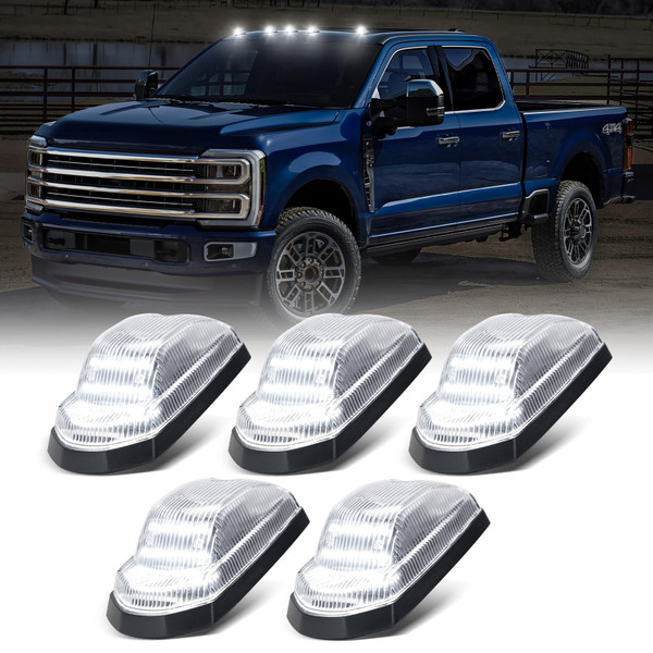 HTZCMOTO LED Cab Roof Marker Lights Compatible with 2017 2018 2019 2020 2021 2022 F250 F350 F450 F550 Super Duty, 5PCS Set Top Cab Clearance Lights for Pickup Trucks, Clear Len White Light