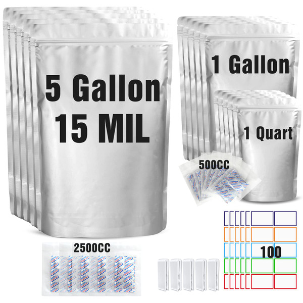 15 Mil 5 Gallon Mylar Bags for Food Storage with 2500cc Oxygen Absorbers - 55 Pack Mylar Bags Include 5 Gallon, 1 Gallon,1 Quart, 100 Pcs Labels and 500cc Oxygen Absorbers for Long Term Food Storage