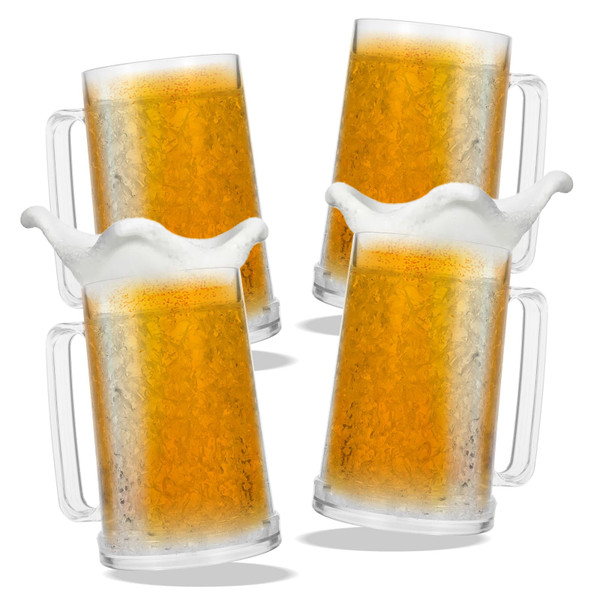 4 Pack Freezer Beer Mugs, 16 oz Clear Double Wall Gel Frosty Ice Mugs with Gel, Plastic Beer Mugs with Handles for Freezer, Parties and Gifts