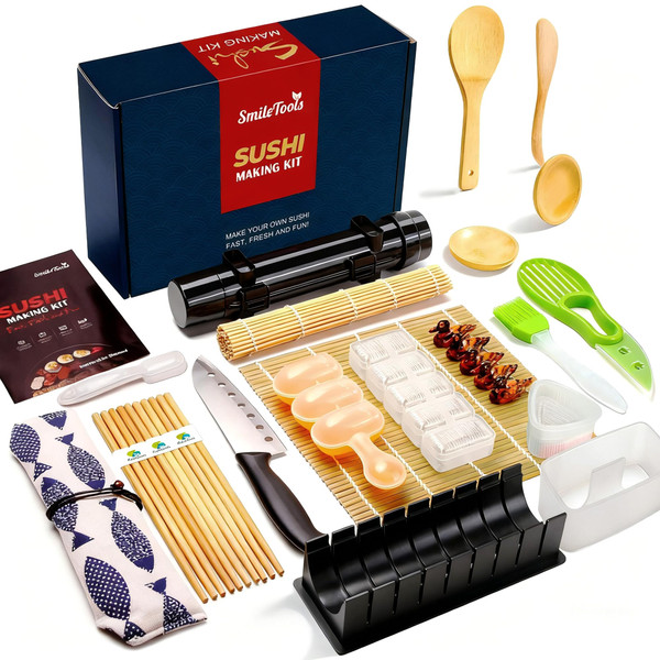 SmileTools Sushi Making Kit, 28 in 1 Sushi Roller Kit with Bamboo Mats, Sushi Bazooka, Nigiri Gunkan Sushi Mold, Musubi Maker, Rice Ball Mold & More