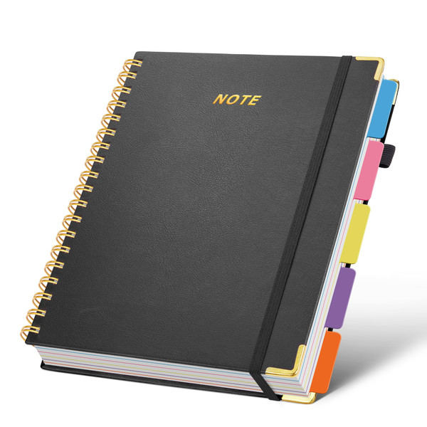 FREBLASO 5 Subject Notebook with Removable Dividers Tabs, 300 Pages Leather Hardcover Spiral Notebook College Ruled, 8"x10" Large B5 Notebooks for Work School, Lined Journal for Women, Black