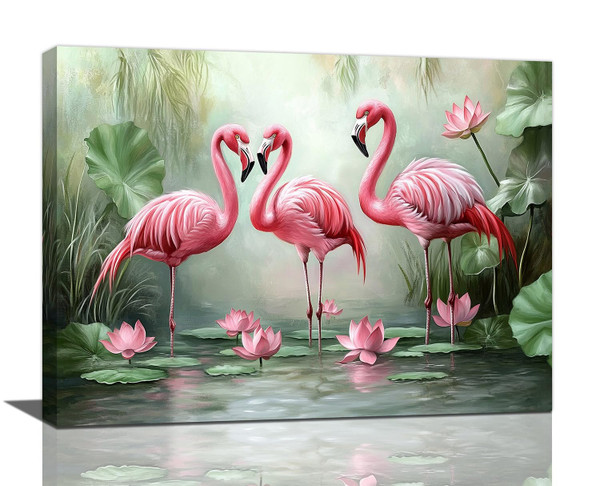 Spaexor Flamingo Wall Art, Pink Flamingos Pictures Wall Decor, Tropical Wildlife Lotus Canvas Prints Painting for Bathroom Living Room Bedroom Kitchen Dining Room 16"x12"