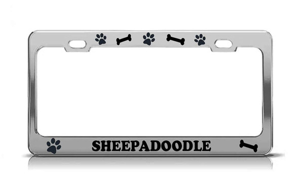 Product Express SHEEPADOODLE Dog Paw Print License Plate Frame Tag Cover & Holder Chrome