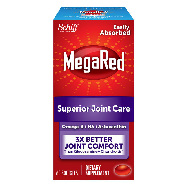 MegaRed 353mg Omega-3 Krill Oil Joint Care Supplement with EPA/DHA Fatty Acids, Antioxidants, Hyaluronic Acid, No Fishy Burp Aftertaste as with Fish Oil, 60 Count Softgels MegaRed 353mg Omega-3 Krill Oil Joint Care Supplement with EPA/DHA Fatty Acids, Antioxidants, Hyaluronic Acid, No Fishy Burp Aftertaste as with Fish Oil, 60 Count Softgels