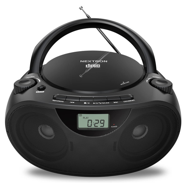 Nextron Portable CD Player Bluetooth Boombox with AM/FM Radio, USB, AUX-in, Headphone Jack, CD-R/RW & MP3-CD Compatible, Stereo Sound with Bass Boost, AC/Battery Operated – Black