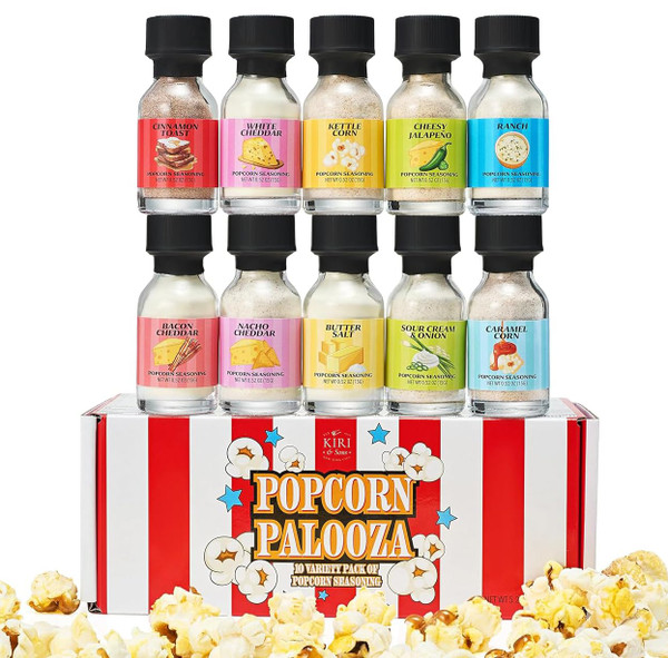 Kiri & Sons Gourmet Popcorn Seasoning Sampler Kit, 10 Flavor Variety Pack - Including Kettle Corn, Garlic Parmesan, Bacon Cheddar, Caramel, Butter, White Cheddar, Ranch, Spicy Jalapeño, Movie Night