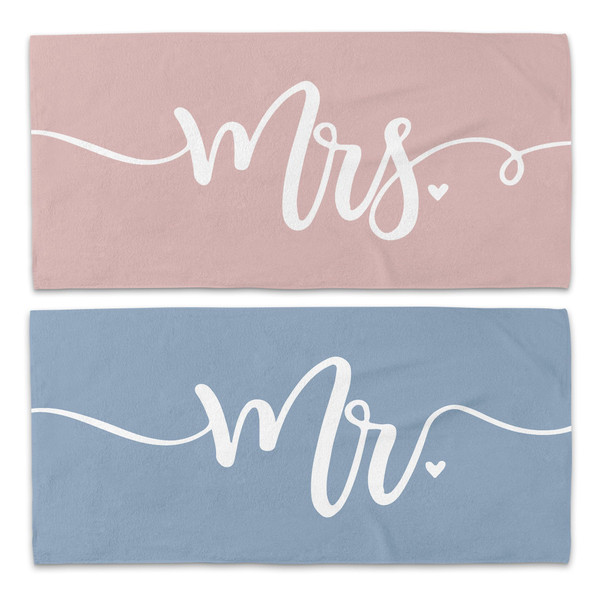 WAITPI Mr and Mrs Beach Towel Set of 2, Honeymoon Wedding Beach Towels Gifts for Newlywed Couple Bride Groom Valentines, Pink and Blue Towels Oversized Decor for Bathroom 30x60 in