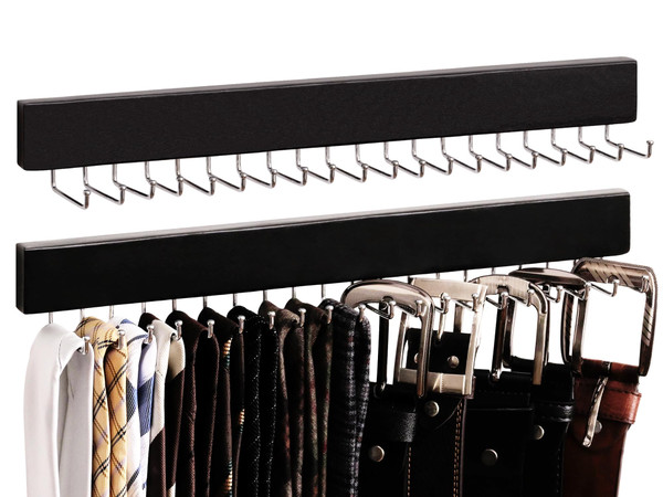 StorageWorks Tie Rack with 20 Hooks, 2-Pack Wall-Mounted Wooden Hangers for Neckties, Belts, Hats, Black