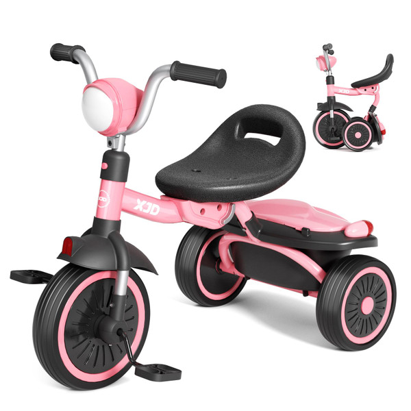 XJD Toddler Tricycle, Foldable Toddler Bike with Pedals, Tricycle for 2-5 Year Olds, Adjustable Comfortable Seat, Christmas Birthday Gifts for 1-5 Years Old Boys and Girls (Pink)