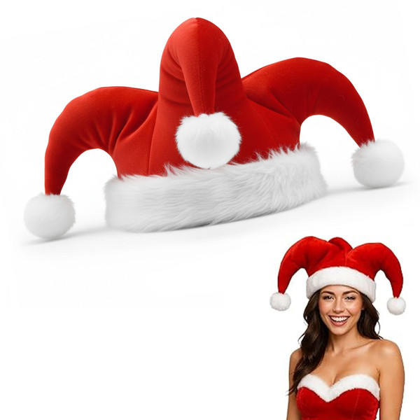 Nicky Bigs Novelties Unisex Red and White Christmas Jester Hat - Holiday Santa Claus Jester Elf Hats Soft Cap - Ugly Sweater Costume Party Accessory, Red/White