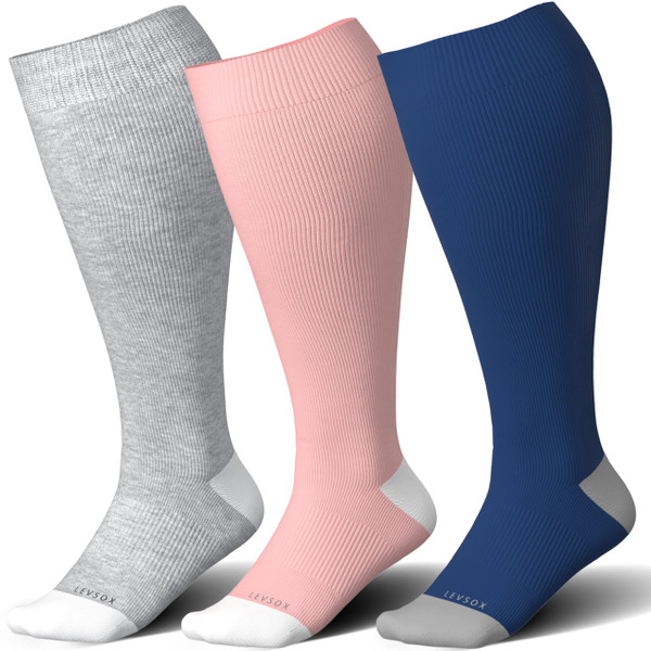 LEVSOX Wide Calf Compression Socks for Women Plus Size Pregnancy Cute Fun 15-20mmHg Knee High Extra Large Support Socks for Nurse, Medical, Travel, Pink, Grey, Navy