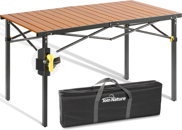 Join Nature 46.4" Large Folding Camping Table for 2-6 People - Heavy Duty Camp Table Foldable with Aluminum Roll-Up Top & Carry Bag - 220lbs Capacity, Portable for BBQ, Tailgating, Backyard (Natural)