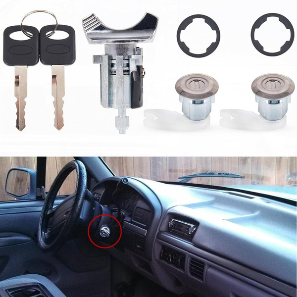GLEEMAX Ignition Switch Lock Cylinder Replacement Fit for 1992 1993 1994 1995 1996 Ford F150 F250 F350 Bronco Ranger Pair Front Door Lock Cylinder with Key C-42-147 DP-42-122 F3UZ1522050D