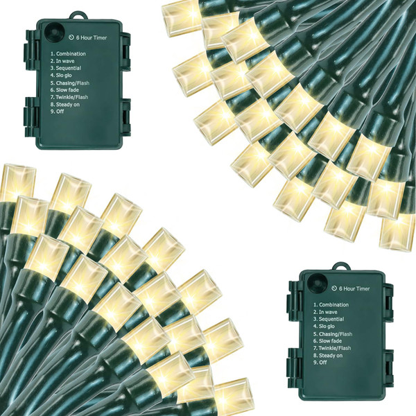 Battery Operated Christmas Lights, 33 FT 100 LED Mini String Lights with Timer and 8 Modes, Green Wire Outdoor Waterproof String Lights for Indoor Holiday Party Garden Decor, Warm White 2 Pack