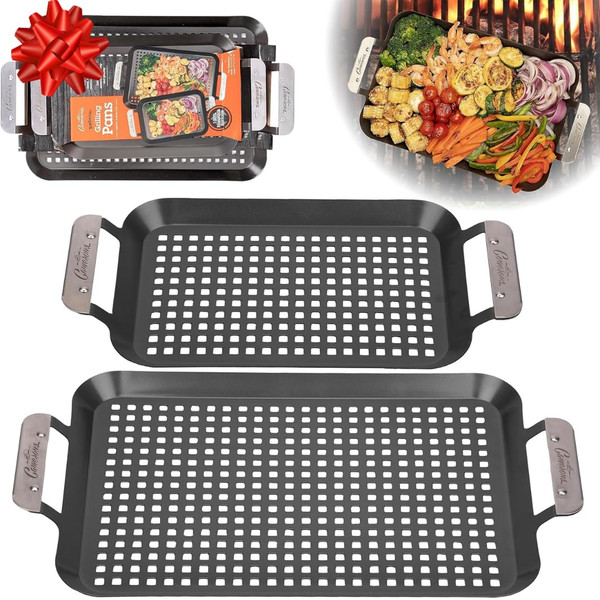 BBQ Grill Topper Grilling Pans (2 Pack)- Non-Stick Barbecue Trays w Stainless Steel Handles- Indoor Outdoor use for Meat, Vegetables & Seafood- Great for Thanksgiving Turkey Dinner & Holiday Xmas Gift