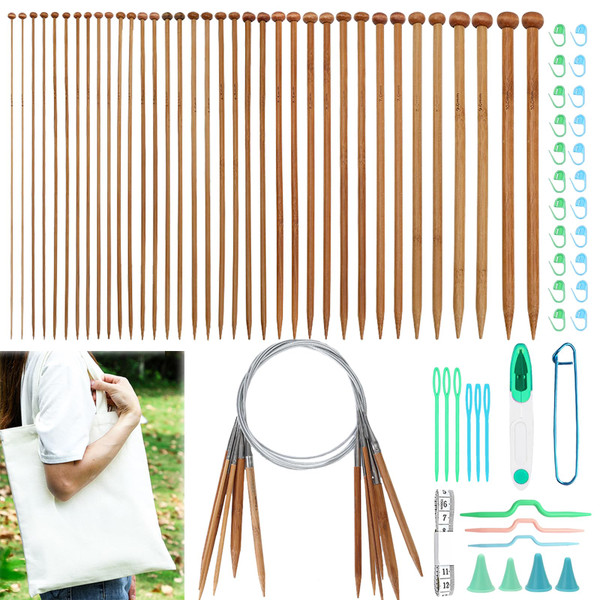 Hobekoee Bamboo Knitting Needles Set,36Pcs 9.8" Straight Single Pointed Bamboo Knitting Needles Set and 8Pcs 32" Circular Knitting Needles Kit with Storage Bag for Beginners Knitting Lovers