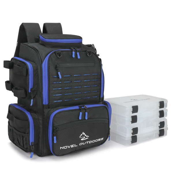 Novel Outdoors - Large Fishing Backpack with 4 Tackle Boxes - Waterproof Fishing Tackle Backpack with Fishing Rod Holder - Heavy Duty 43L Fishing Tackle Box for your Fishing Lures and Fishing Gear