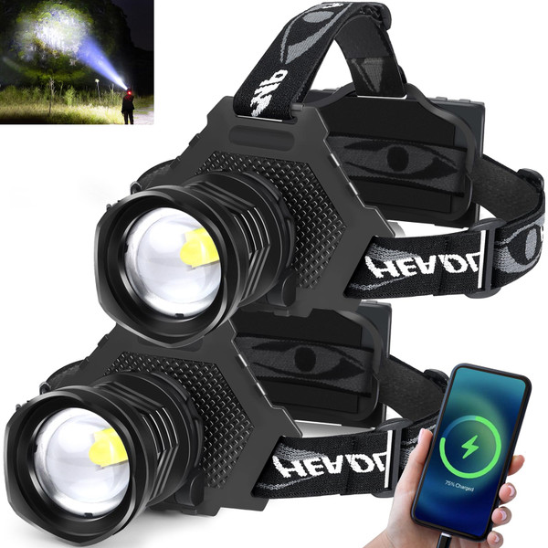 Rechargeable LED Headlamp 1080 Lumen, Super Bright Head Lamp Flashlight with 5 Lighting Modes, IPX6 Waterproof, Zoomable Headlight for Camping, Hiking, Fishing, Biking (2pack） (2pack headlamp)