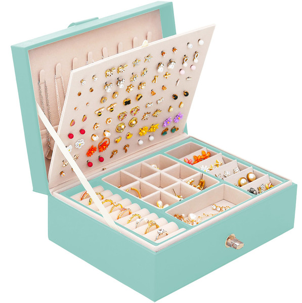 QBestry Girls Jewelry Box for Earrings Jewelry Organizer Box Teen Girls Earrings Organizer Jewelry Box Earring Holder Organizer Stud Earring Box for Girls Womens Jewelry Case Organizer Teal