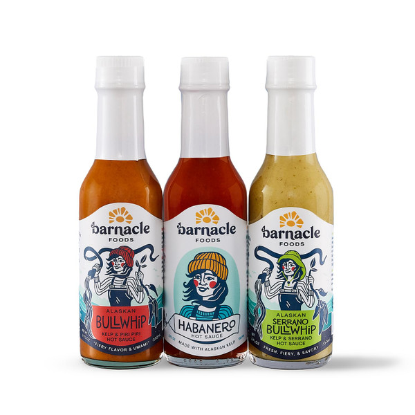 Barnacle Foods Bull Kelp Hot Sauce Variety Pack - Bullwhip Kelp, Serrano & Habanero - Made in Alaska - Delicious Flavor & Heat, Packed with Vitamins & Minerals, Great for Any Meal - 3 Pack
