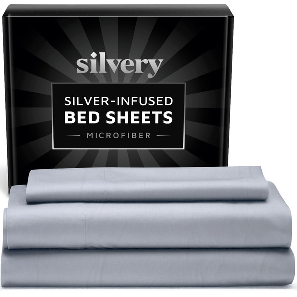 Silvery Silver Infused Bed Sheets Set - Ultra-Soft Temperature-Regulating Fabric with Self-Cleaning Technology™ That Stays Fresh 3X Longer for Hygienic Sleep (Gray, Twin)