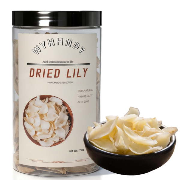 Dried lily bulb stems (200g/7oz) | Premium dried lily bulb stems | Sealed jar | Easy to store | Versatile | Can be used to make lotus seed soup and desserts.龙牙百合 无硫百合干 银耳莲子羹