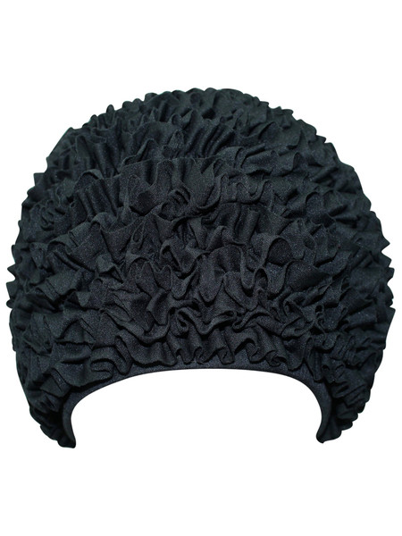 Black Ruffled Fabric Latex Lined Swim Cap Black