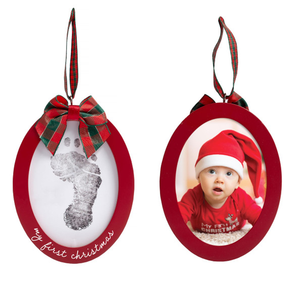 Pearhead Babyprints Double-Sided Christmas Ornament, First Holiday Keepsake Frame with Clean-Touch Ink Pad, Newborn Handprint Footprint Kit, Infant Photo Decoration, Red
